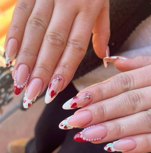 Valentine's day nail inspo white and red french tips with red heart cherries