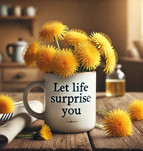 Mug with 'Let life surprise you' filled with dandelions on a wooden table, embodying optimism.