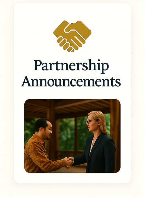 a man and woman shaking hands with a sign that says partnership