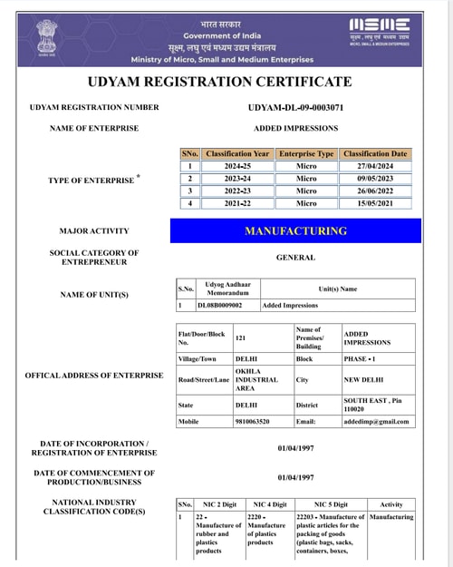 MSME Udyam Registration - Added Impressions