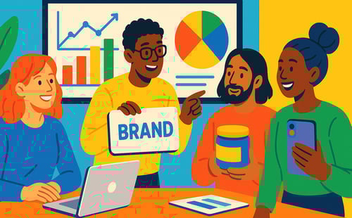 Diverse brand team collaborating on screen.