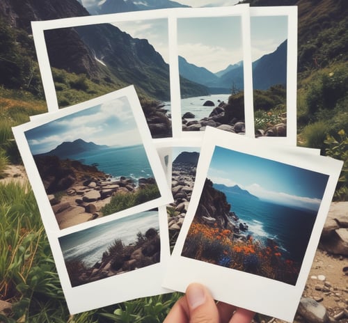 una polaroid con foto di mare e natura