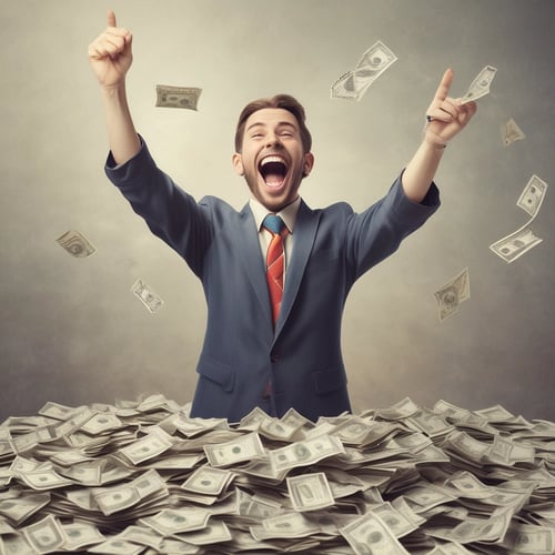 a man in a suit and tie is standing in front of a pile of money
