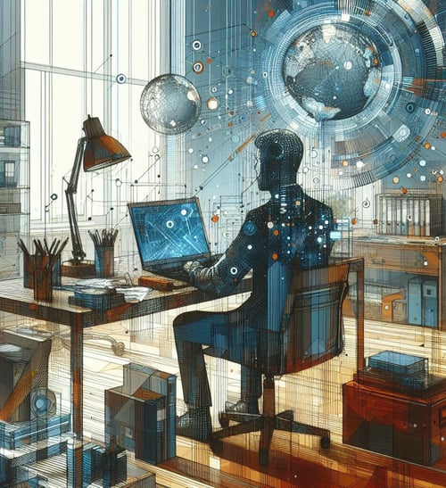 The image depicts a digital artwork of a person sitting at a desk in front of a computer. 