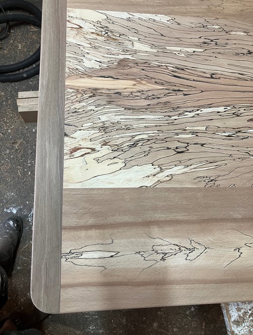 Spalted beach and walnut breadboard end dining table book matched