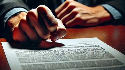 A clenched fist slams on an interrogation table over a document, symbolizing pressure, accusation, and control