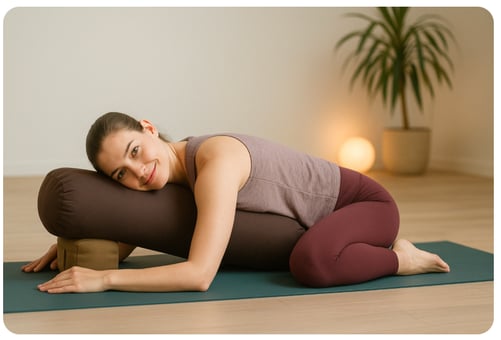 a woman is sitting on a yoga mat