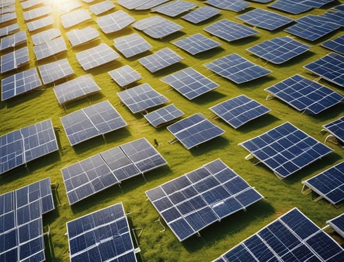 Aerial view of a solar farm, showcasing a large array of solar panels absorbing sunlight