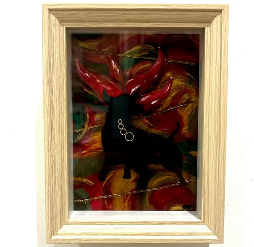 Ilona Paris painting, a picture of a picture of a bull with fire