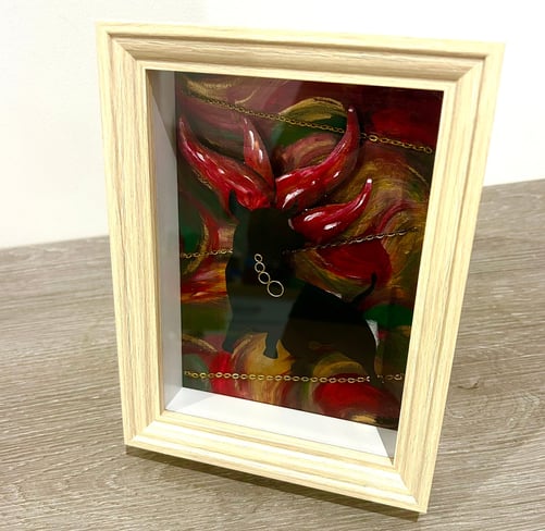 Ilona Paris painting, a picture of a picture of a bull with fire