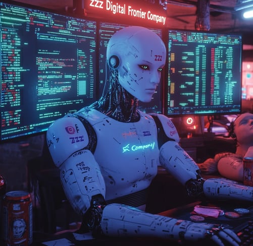 A Digital Frontier Robot in front of a computer monitor
