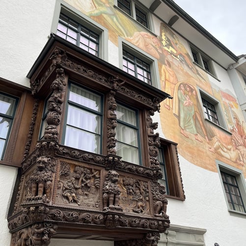 A building facade and window box in St. Gallen Switzerland