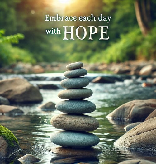 Zen stones stacked in a tranquil river with the caption 'Embrace each day with HOPE'.