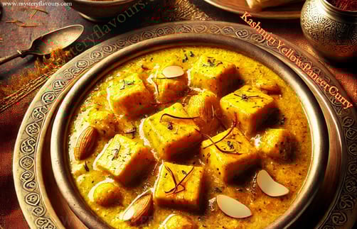 Kashmiri yellow paneer curry, chaman qaliya, naan and rice