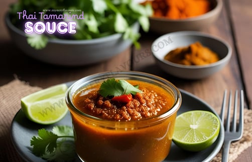 Spic Thai tamarind sauce in a bowl, in the plate and lemons