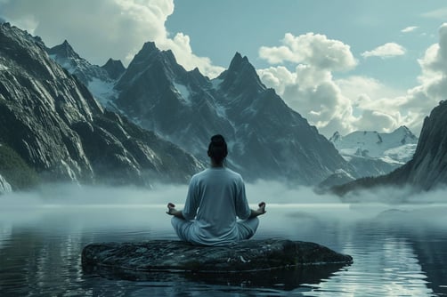 A person sitting by the lake and mountains, meditating with self-awareness