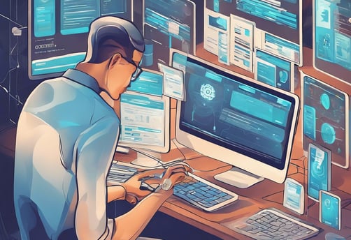 a man sitting at a desk with a laptop and a computer