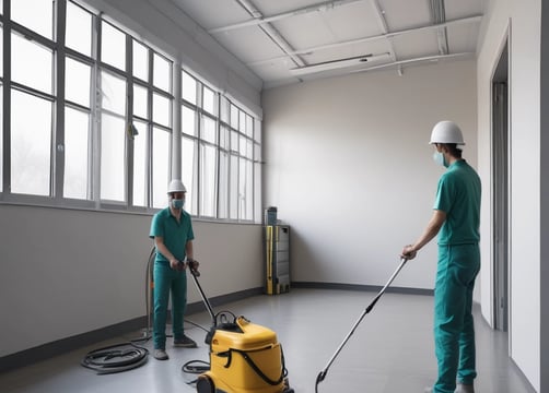 A person wearing a blue shirt and light-colored shorts is cleaning a large window. The sky outside is blue with scattered clouds and there are trees and parts of a building visible.