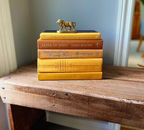 a wooden table with books as counselling resources and a horse statue