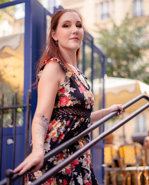 a woman in a floral dress in Montmartre