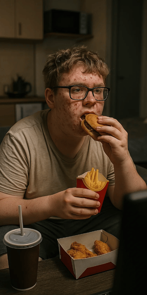 Un ado boutonneux mange un burger pour la journée mondiale de la malbouffe.