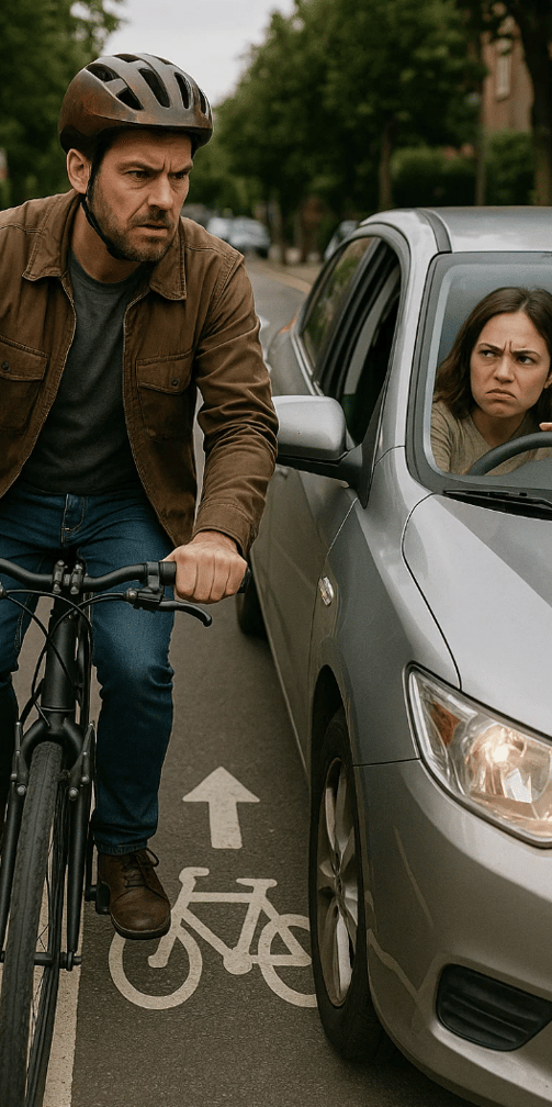 Un cycliste et une automobile cote à cote - Journée mondiale de la bicyclette.