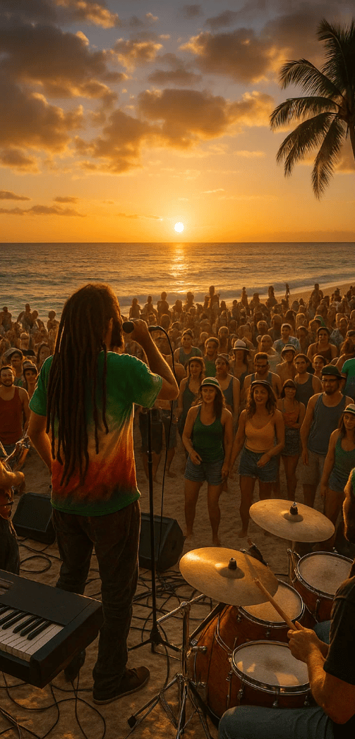 Concert de reggae sur une plage pour la journée du reggae.