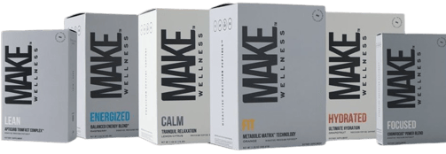 Make Wellness packaging. Make Wellness Lean, Energized, Calm, Fit, Hydrated, and Focused 