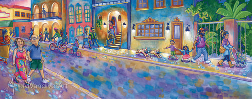 Illustrations from Bruno & Frida Go To Mexico City by New Orleans artist Melissa Vandiver.