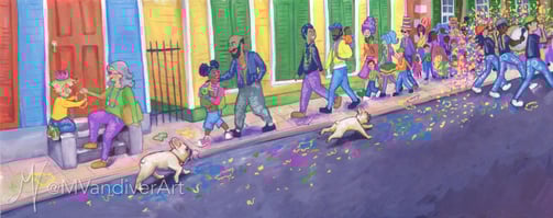 Illustrations from Bruno & Frida Go To Mardi Gras by New Orleans artist Melissa Vandiver.