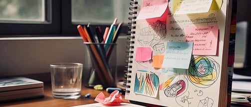 Writer illustrator workspace with notes, doodles, and creative tools