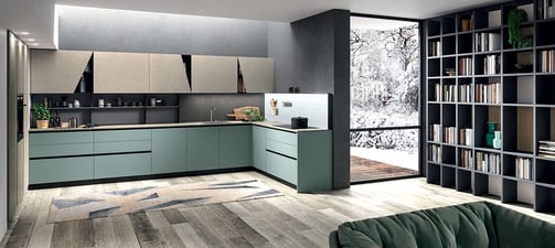 a kitchen with a couch and a couch