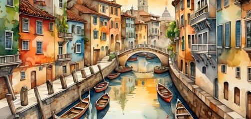 a painting of a river with boats and buildings