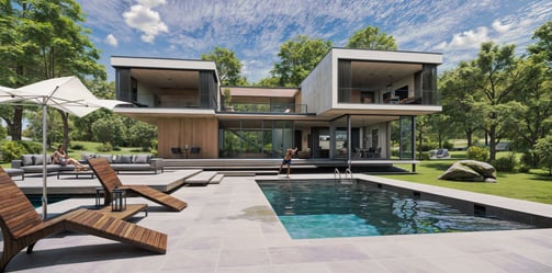 a house with a pool and lounge chairs