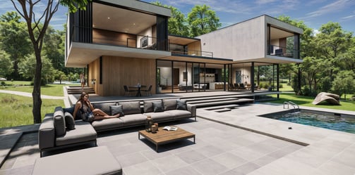 a woman sitting on a couch in front of a house