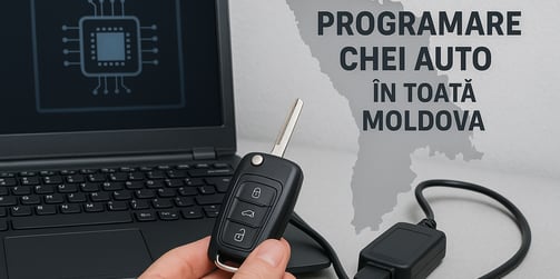 Laptop și cheie auto pregătită de programare, cu harta Republicii Moldova în fundal