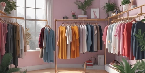 A clothing store with racks of various garments, including shirts, blouses, and pants on both sides of a central aisle. Sale signs are visible, with light tones of pastel colors and some printed patterns on the clothing.