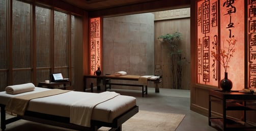a massage room with a bed and a laptop