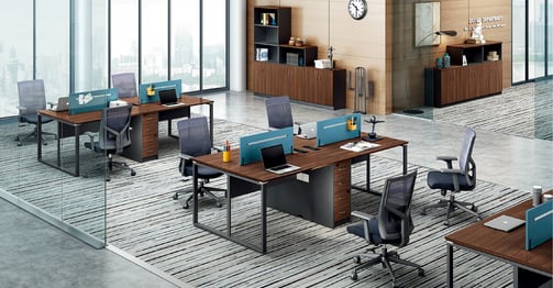 Modular open-plan workspace from the Sensit-Accord Series featuring multiple workstations with woode
