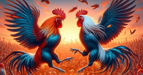 Entre gallos y medianoche dos gallos rodeados de fuego