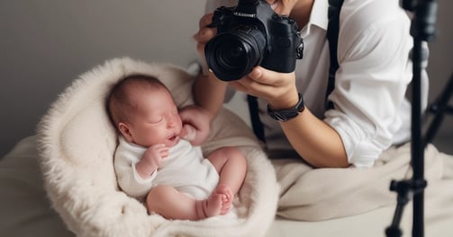 A person is joyfully holding a sleeping newborn dressed in warm, light-colored clothing. The person is dressed in a white outfit and is gazing lovingly at the baby. The background is neutral, featuring a hint of wooden texture from a piece of furniture.