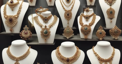 Inside a dimly lit store, rows of intricately crafted jewelry displayed on black holders catch the eye. Necklaces with large pendants and colorful stones are arranged neatly. The shop has wooden frames and showcases with decorative carvings. Shelves in the background are filled with similar ornate jewelry and artifacts.