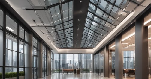 a luxury office building with a glass ceiling with a city skyline visible through the glass