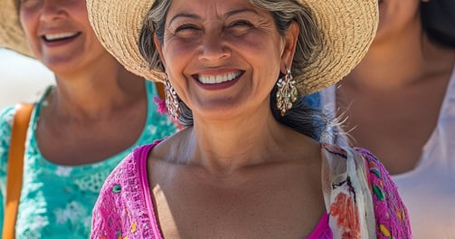 Fotografía de 3 señoras caminando juntas por la playa sonriendo 