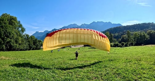 a person parasailing in the grass