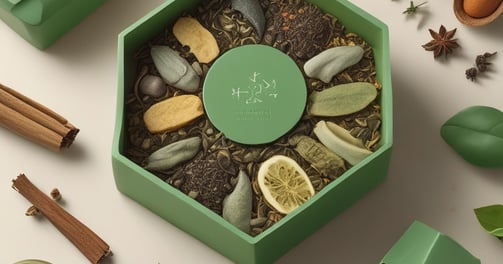 A cylindrical container with the label 'DEZER HERBAL' is placed on a wooden surface. The container features a red and black color scheme with floral designs and appears to store herbal tea. The text 'Hoor Red Tea' is visible on the bottom part of the label. A blurred background with vertical lines adds depth to the image.
