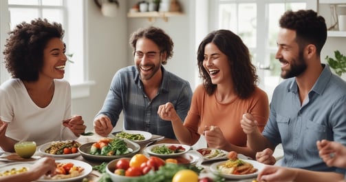 Dois casais reunidos em um jantar de amigos