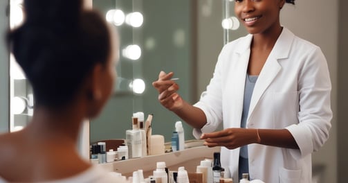 a woman in a white shirt is getting her skin consultation