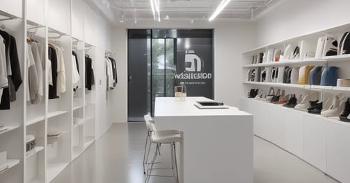A neatly organized clothing store featuring a variety of colorful clothing items displayed on hangers and shelves. A central wooden table showcases folded garments with vibrant colors. The walls have posters and more hanging clothes. The store has a modern, minimalist aesthetic with a bright and clean interior.