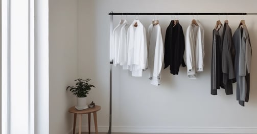 A well-organized clothing store with racks of assorted garments on both sides, featuring a mix of colors and styles. The space is brightly lit with white walls and a minimalist design, and a potted plant adds a touch of greenery.